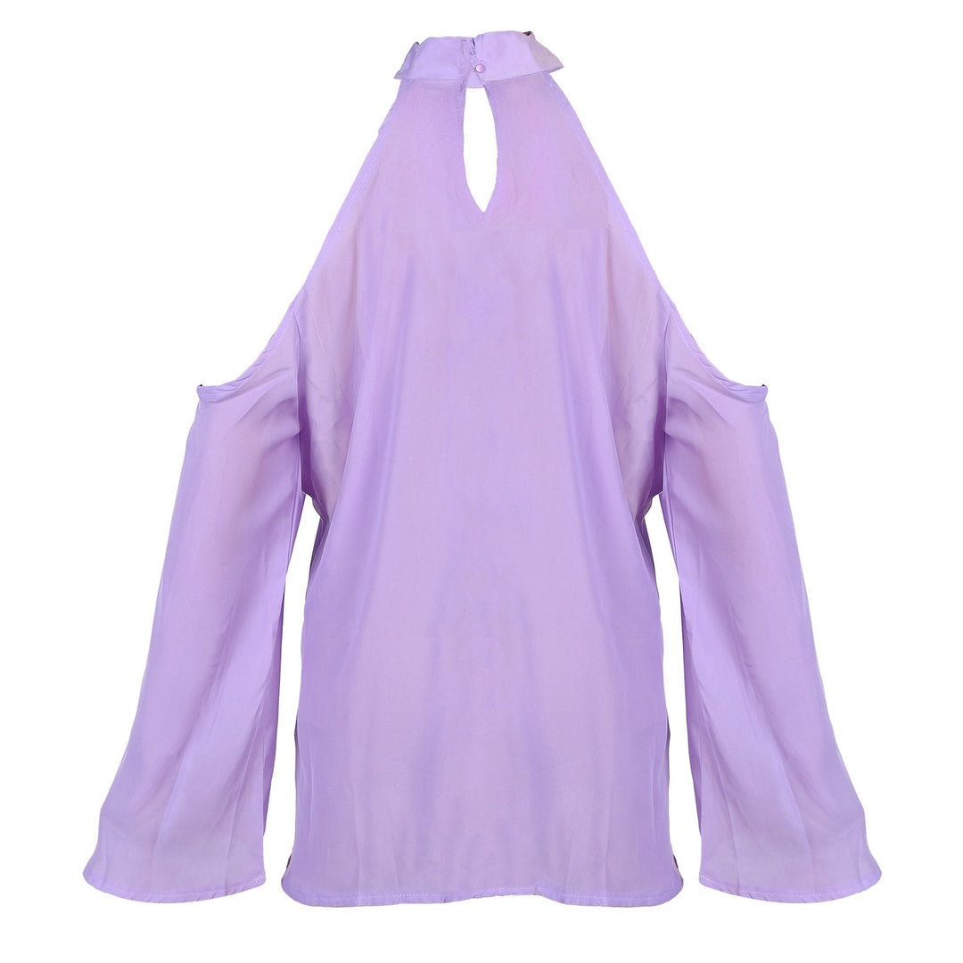 Women\'s Sexy Off The Shoulder Blouses Cold Shoulder Tops V-Neck Long Sleeve T-Shirt Solid Color Summer