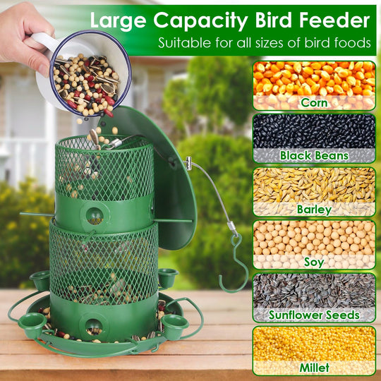 Wild Bird Feeder Squirrel-Proof Chew-Proof Metal Bird Seed Feeder Outdoor Hanging Bird Feeder With 360¡ Circular Perches Water Cups For Yard Garden Pa