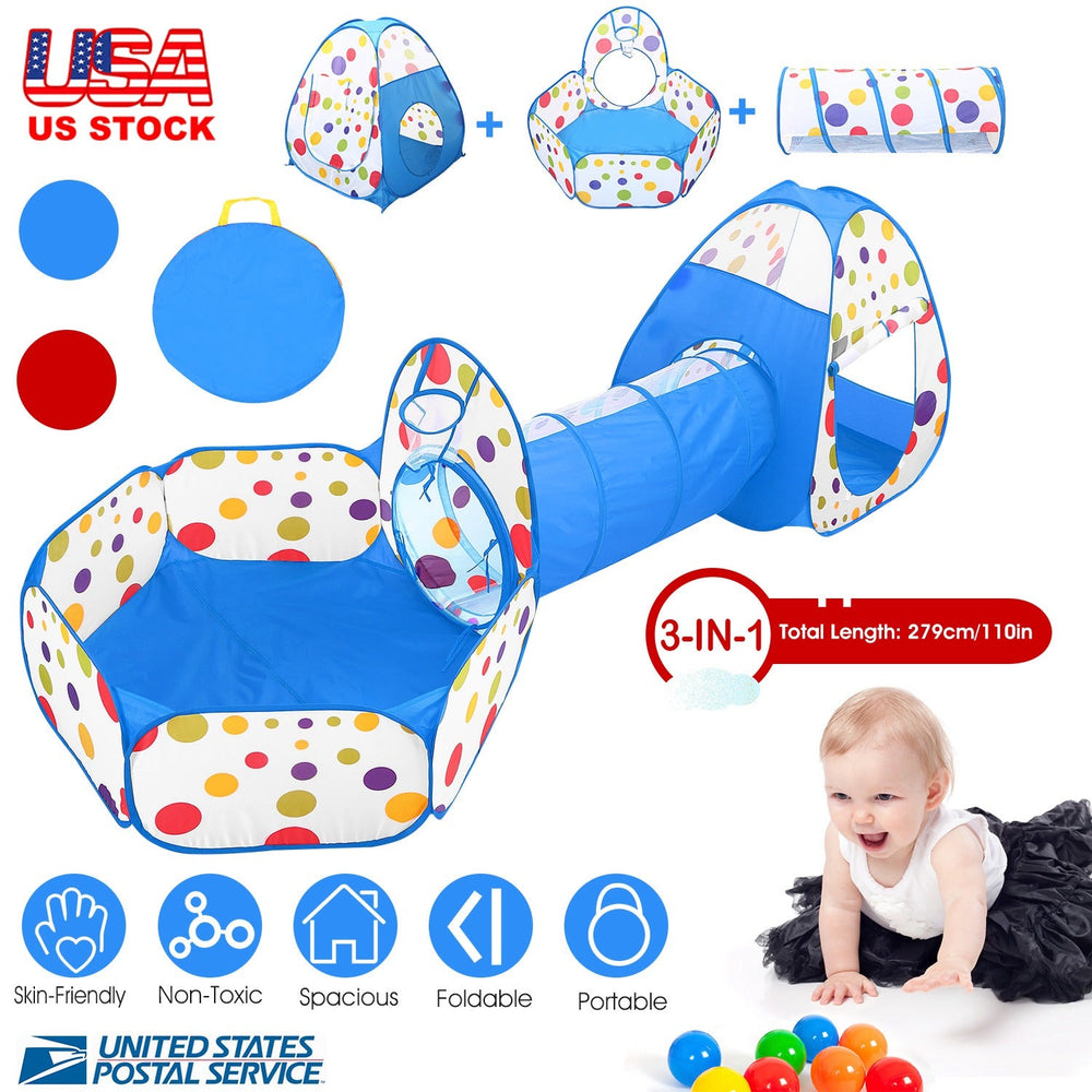 3 In 1 Child Crawl Tunnel Tent Kids Play Tent Ball Pit Set Foldable Children Play House Pop-up Kids Tent w/Storage Bag for Indoor Outdoor Travel Use