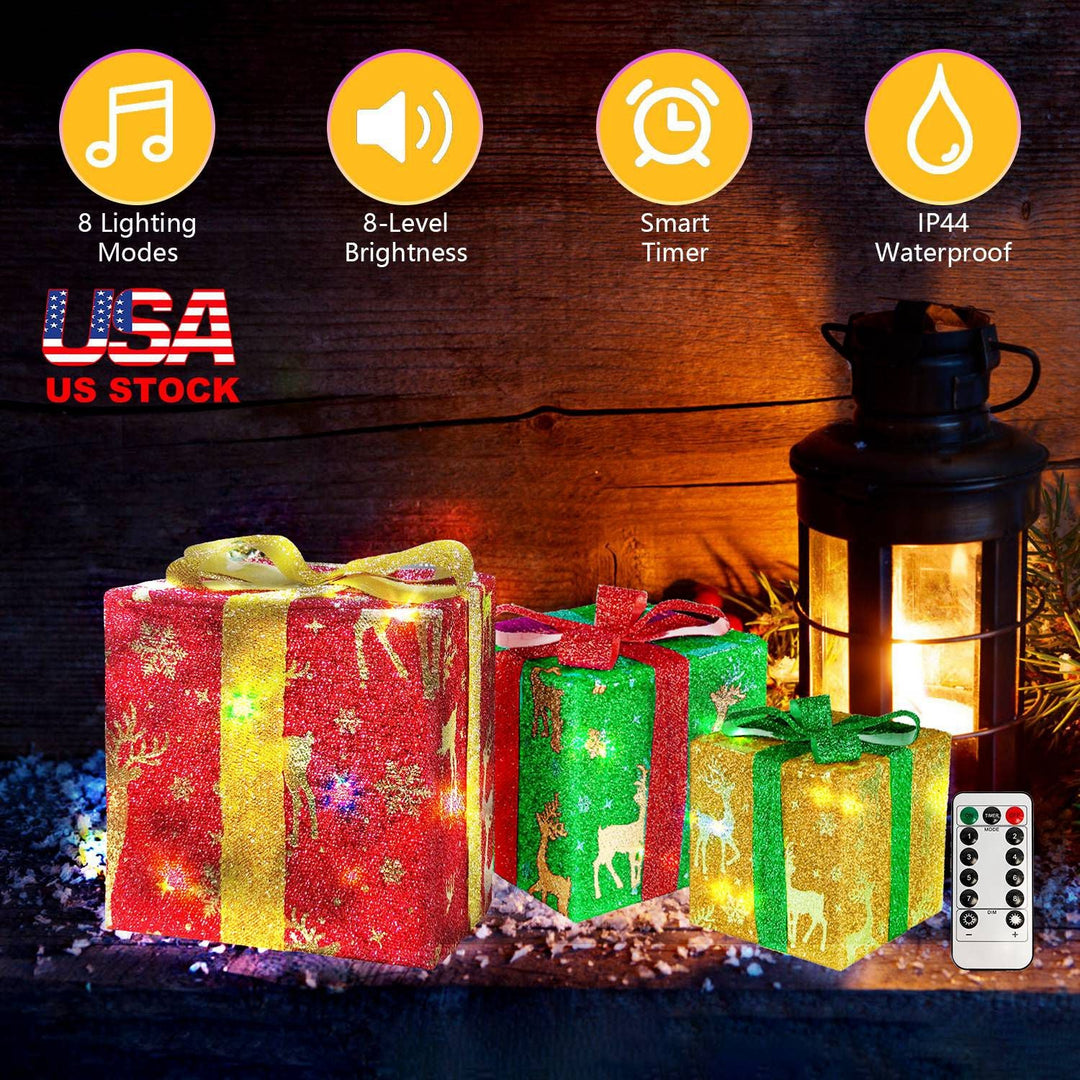 Set of 3 Christmas Lighted Gift Boxes Xmas Present Ornament 50 LED Christmas Box Decorations with Ribbon Bows IP44 Waterproof Battery Powered for Indo