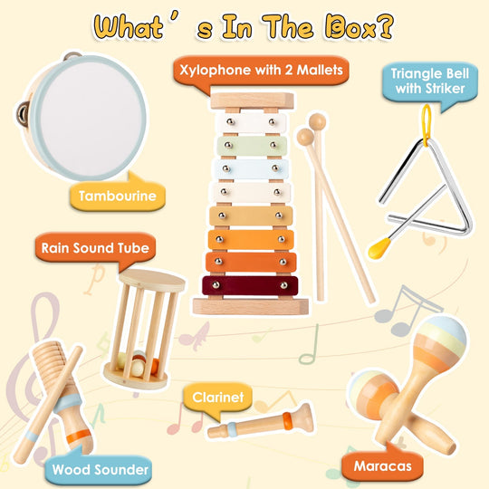 8Pcs Toddler Musical Toys Wooden Montessori Musical Instruments with Xylophone Tambourine Maracas for Boys Girls Aged 3 4 5 Years Old