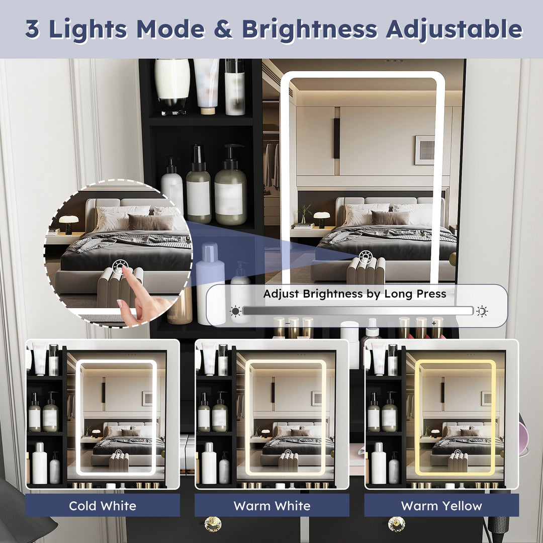 Vanity Desk Set Makeup Dressing Table with Stool, Lighted Mirror, 3 Drawers, 3 Open Shelves, 3 Open Cubbies, Power Stati