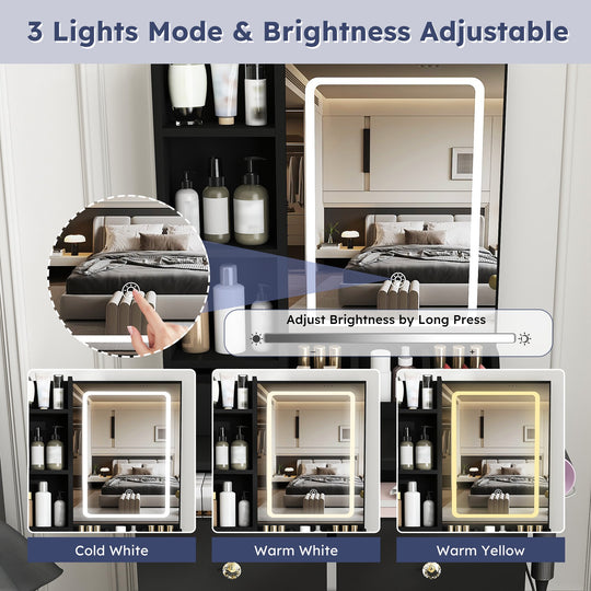 Vanity Desk Set Makeup Dressing Table with Stool, Lighted Mirror, 3 Drawers, 3 Open Shelves, 3 Open Cubbies, Power Stati