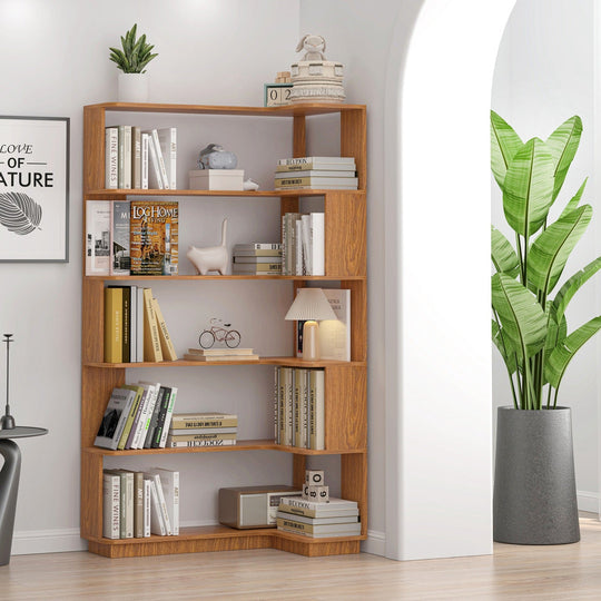 5-Tier L-Shaped Corner Bookshelf with 6 Open Shelves