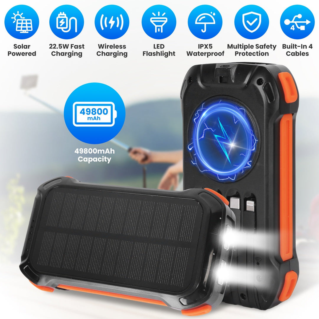Portable Solar Charger 49800mAh Power Bank External Battery Pack 22.5W PD Fast Charging Built in 4 CablesÊ15W Wireless Charging LED Flashlight for Cam