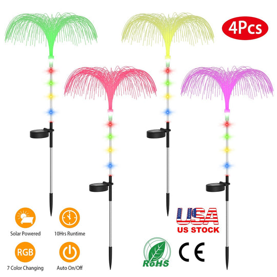 4Pcs Solar Powered Jellyfish Lights IP44 Waterproof Decorative Outdoor Lamps 7 Color Changing Night Light