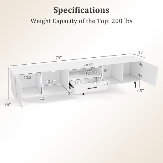 79" TV Stand for TVs up to 90 Inches Entertainment Center Wood Media Console Table Modern Mid Century TV Cabinet-White