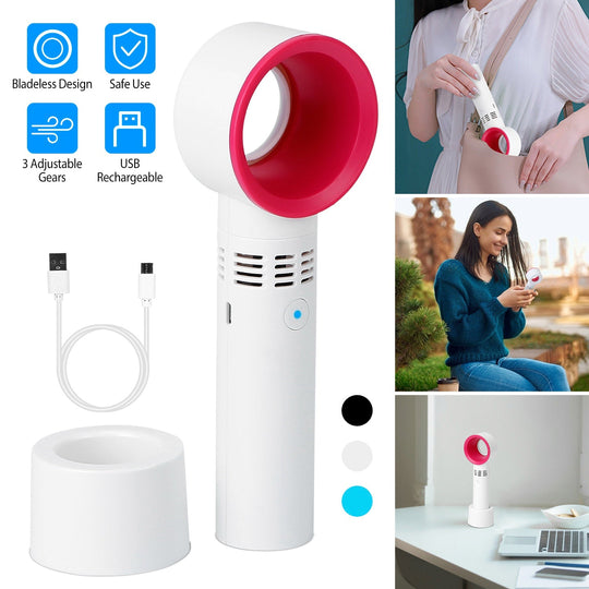 Portable Handheld Bladeless Fan Rechargeable Cooling USB Fan Desktop Use Fan w/ 3 Gears LED Indicator Cooling Fan