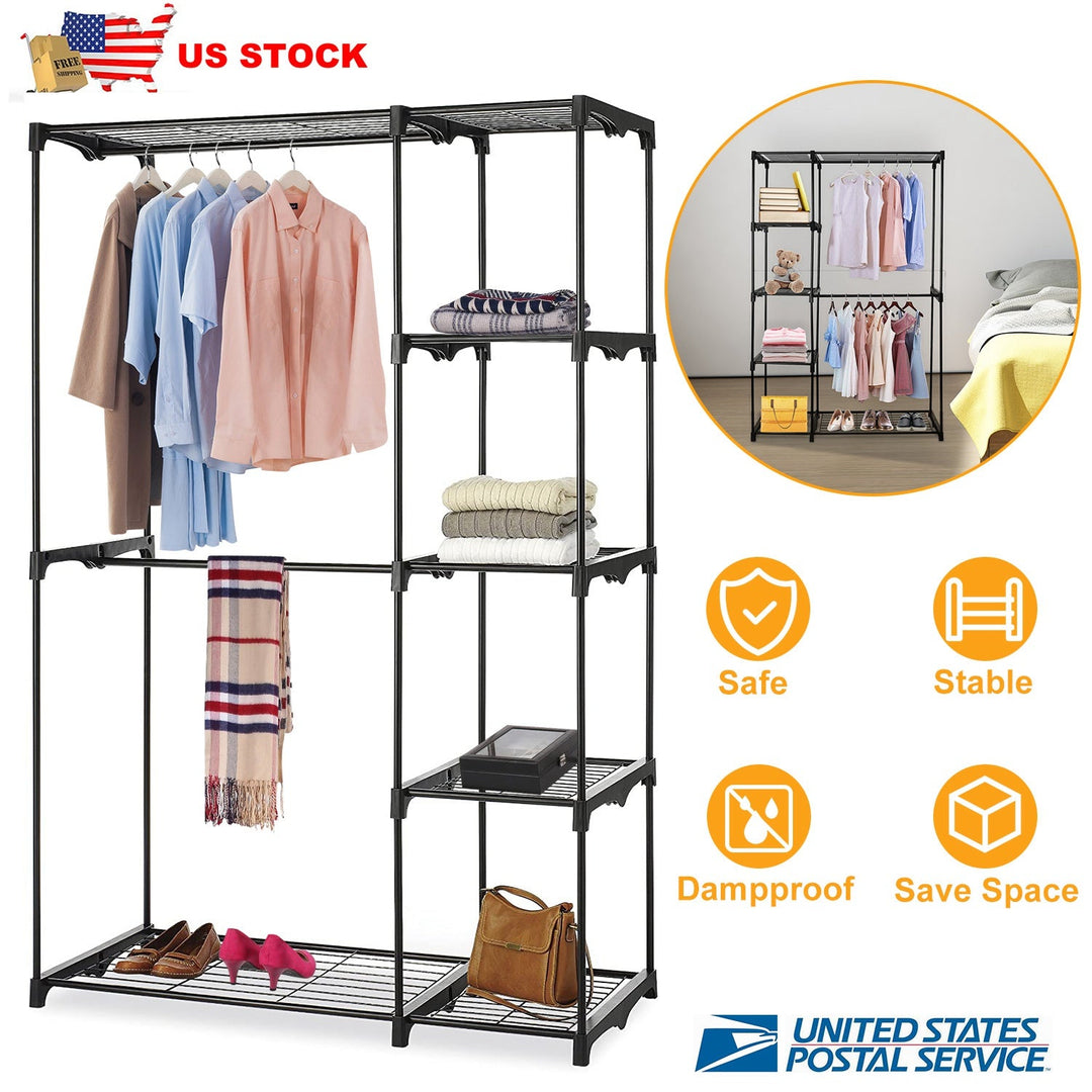 Metal Closet Deluxe Double Rod Freestanding Closet Clothes Storage Organizer Coat Storage Wardrobe Metal Shoes Storage Rack with 5-Tier Wire Shelving