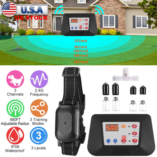 990FT Radius Dog Training Collar Wireless Fence IPX6 Waterproof Pet Beep Vibration Electric Shock Fence System 3 Channels Rechargeable Transmitter Rec