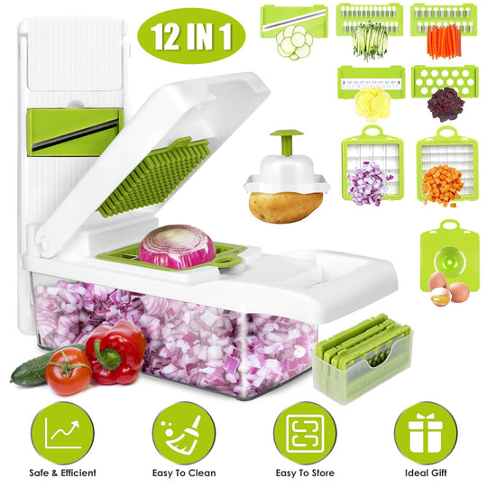 12 In 1 Vegetable Chopper with Container Kitchen Food Slicer Dicer Grater Peeler Egg Separator Hand Protector for Onion Salad Potato
