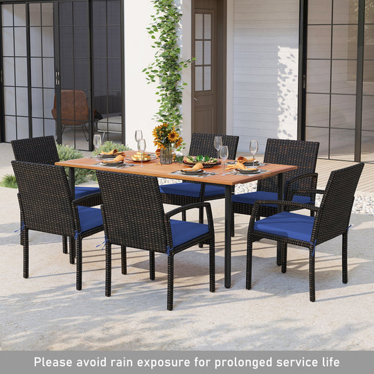 7 Pieces Outdoor Dining Set Acacia Wood Table with Umbrella Hole and Cushions