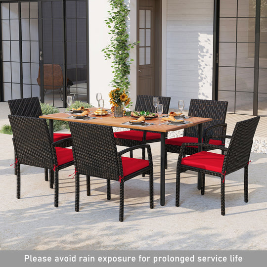 7 Pieces Outdoor Dining Set Acacia Wood Table with Umbrella Hole and Cushions