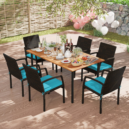 7 Pieces Outdoor Dining Set Acacia Wood Table with Umbrella Hole and Cushions