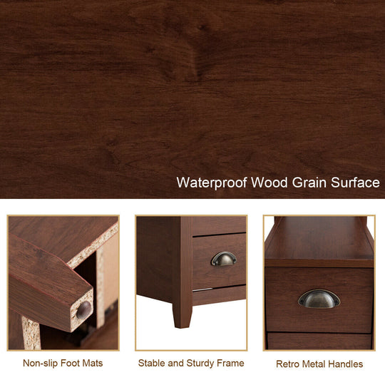 Set of 2 End Table Wooden with 2 Drawer & Shelf Bedside Table