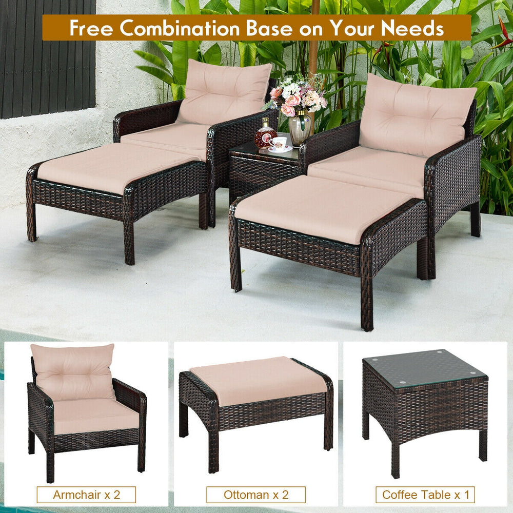 5-Piece Patio Rattan Sofa Set with Ottomans & Table