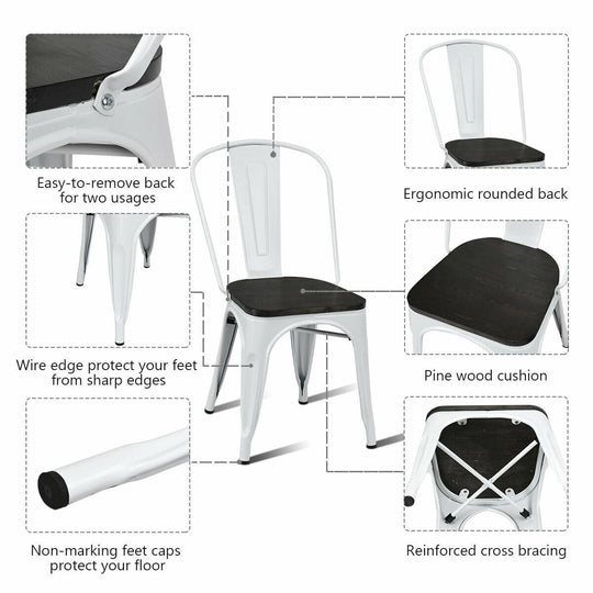 4 Pieces Tolix Style Metal Dining Side Chair Stackable Wood Seat
