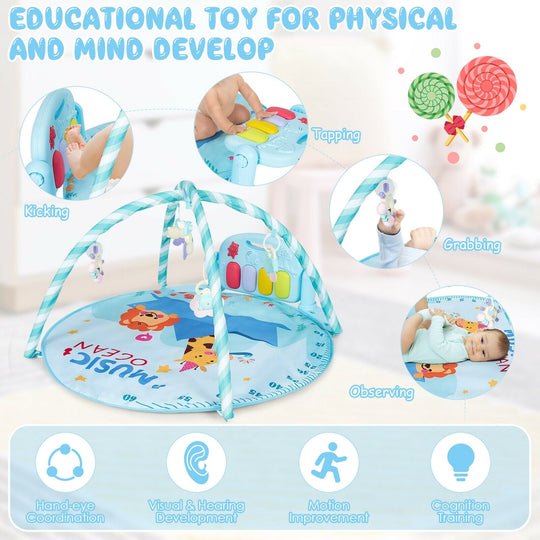 Baby Activity Play Piano Gym Mat with 5 Hanging Sensory Toys
