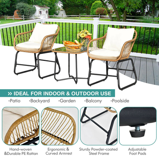3-Piece Patio Bistro Set with 2 Rattan Chairs and Square Glass Coffee Table-White
