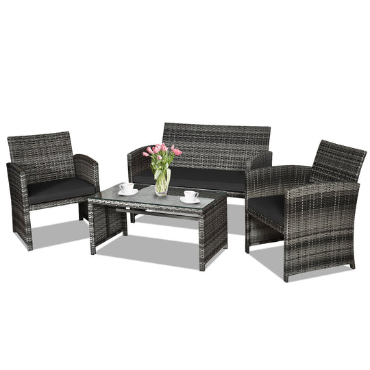 4 Pieces Patio Rattan Furniture Set with Glass Table and Loveseat-Gray