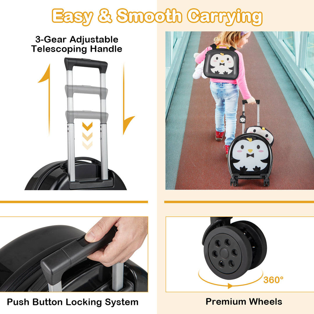 Kids Luggage Set with 14 Inches Carry-on Hardside Spinner Toddler Luggage and 10 Inches Backpack-Black