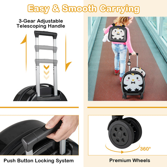 Kids Luggage Set with 14 Inches Carry-on Hardside Spinner Toddler Luggage and 10 Inches Backpack-Black