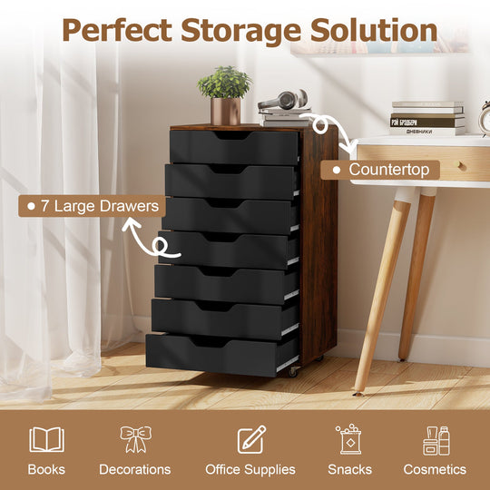 7-Drawer Chest Wooden Storage Dresser with Lockable Wheels