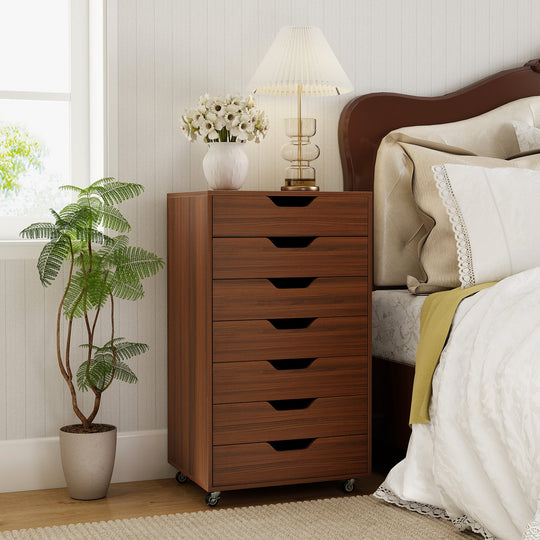 7-Drawer Chest Wooden Storage Dresser with Lockable Wheels