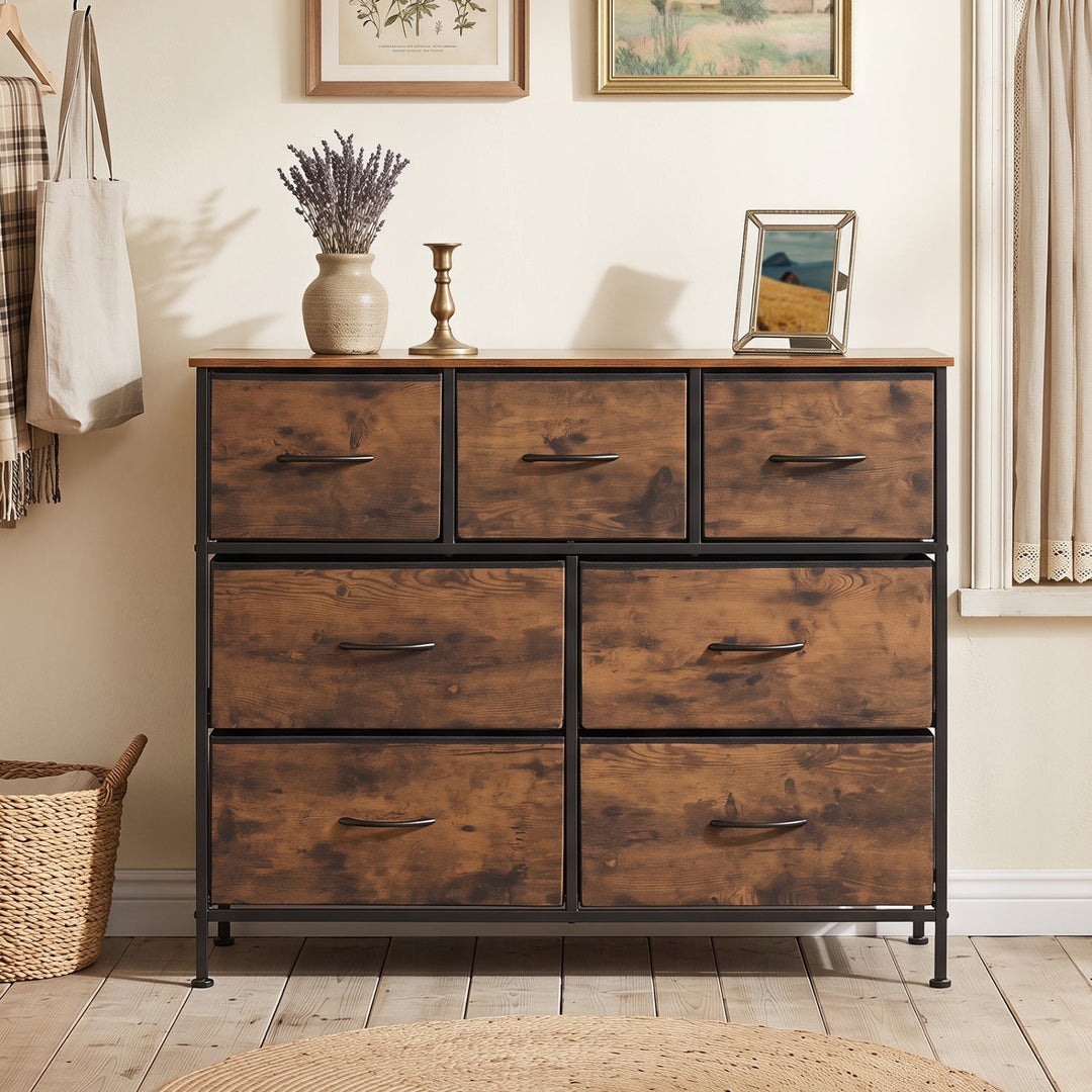 7-Drawer Wide Dresser with Fabric Drawers for Bedroom