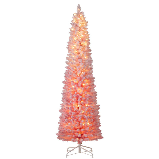 6 FTSnow-flocked Artificial Pink Christmas Tree Pre-lit Hinged Xmas Tree for Holiday Decoration