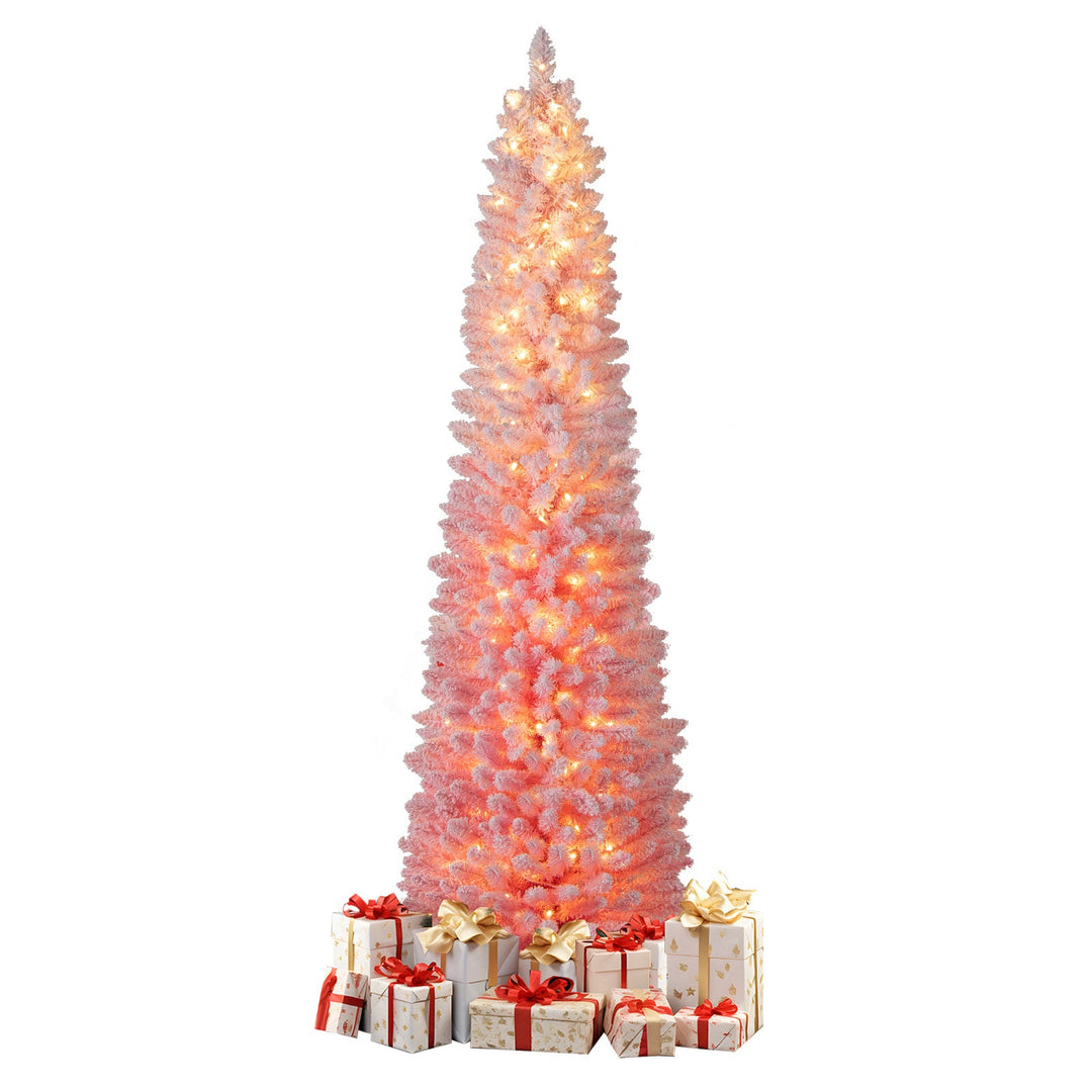 6 FTSnow-flocked Artificial Pink Christmas Tree Pre-lit Hinged Xmas Tree for Holiday Decoration