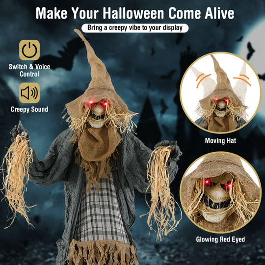 7 FT Halloween Decoration Animated Standing Scary Scarecrow with Light-up Eyes for Hunted Houses