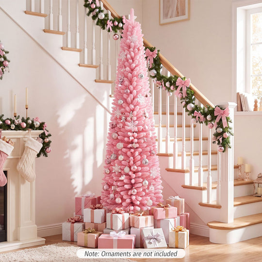 7 FT Pink Artificial Christmas Tree with 575 Snow Flocked PVC Branch Tips