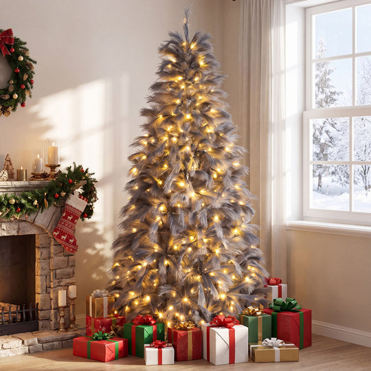 6 FT Pre-Lit Christmas Tree with Feather-Inspired Branch Tips