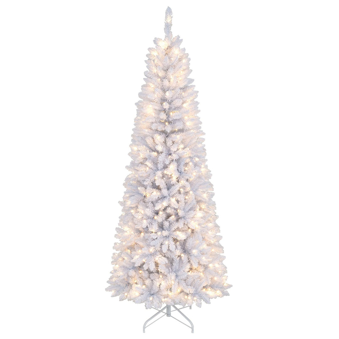 7 Feet Pre-Lit Hinged Pencil Christmas Tree White with 300 LED Lights and 8 Flash Modes