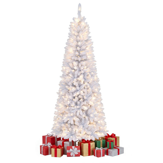 7 Feet Pre-Lit Hinged Pencil Christmas Tree White with 300 LED Lights and 8 Flash Modes