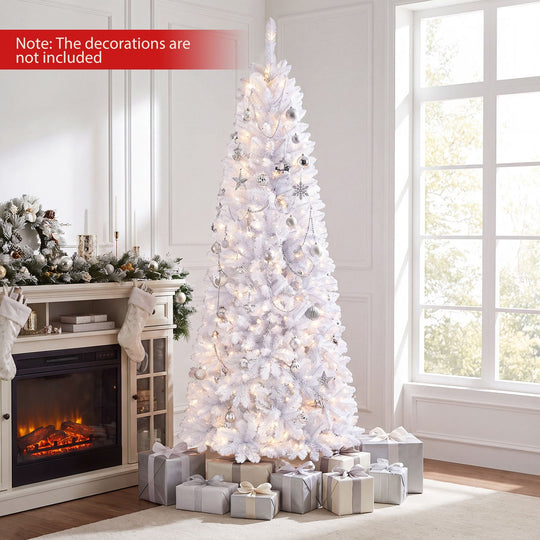 7 Feet Pre-Lit Hinged Pencil Christmas Tree White with 300 LED Lights and 8 Flash Modes