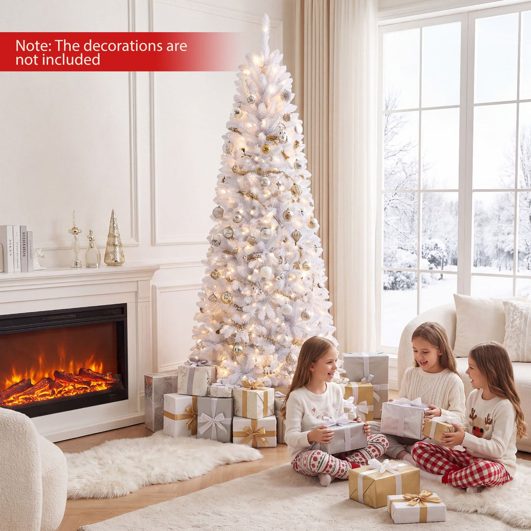 7 Feet Pre-Lit Hinged Pencil Christmas Tree White with 300 LED Lights and 8 Flash Modes