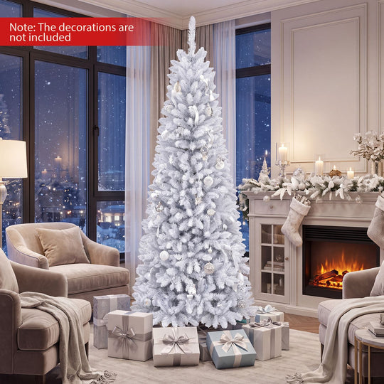 7 Feet Pre-Lit Hinged Pencil Christmas Tree White with 300 LED Lights and 8 Flash Modes