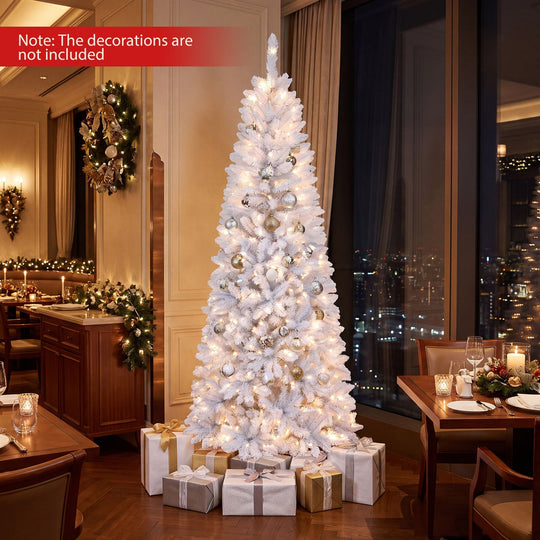 7 Feet Pre-Lit Hinged Pencil Christmas Tree White with 300 LED Lights and 8 Flash Modes