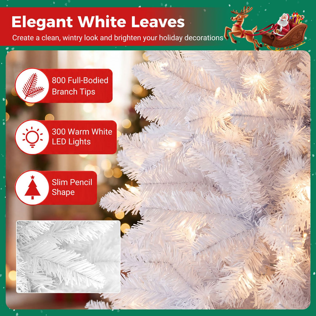 7 Feet Pre-Lit Hinged Pencil Christmas Tree White with 300 LED Lights and 8 Flash Modes