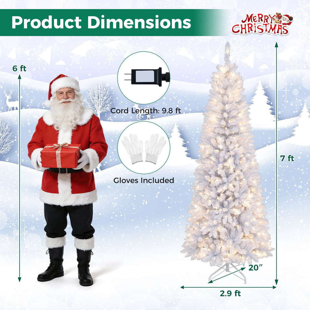 7 Feet Pre-Lit Hinged Pencil Christmas Tree White with 300 LED Lights and 8 Flash Modes