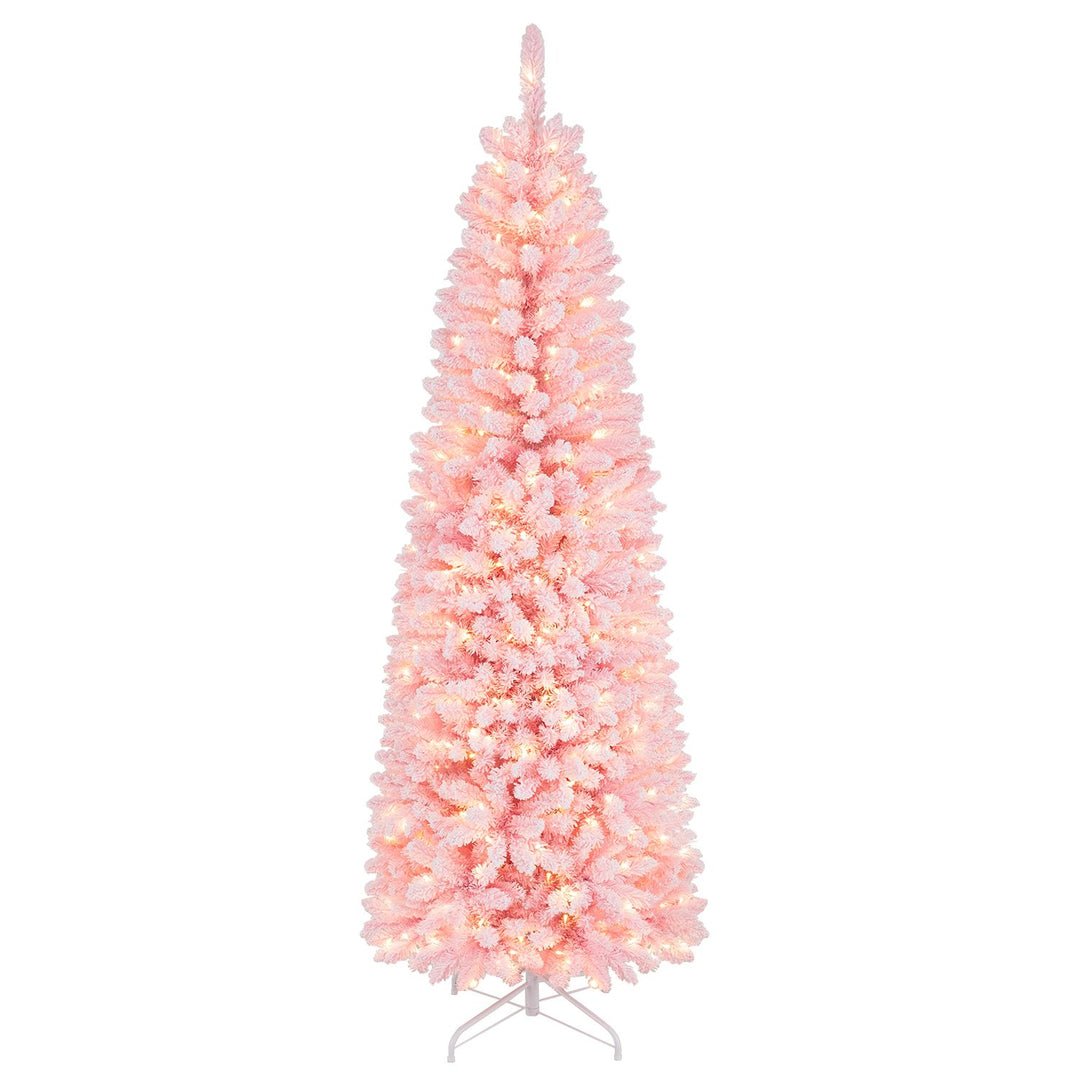 7 Feet Pre-Lit Snow Flocked Hinged Pencil Christmas Tree with 300 Lights and 8 Modes