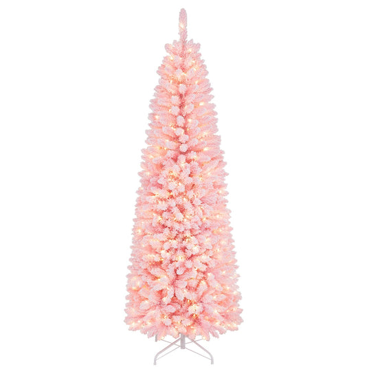 7 Feet Pre-Lit Snow Flocked Hinged Pencil Christmas Tree with 300 Lights and 8 Modes