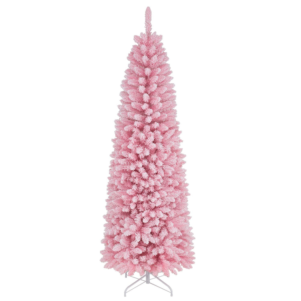 7 Feet Pre-Lit Snow Flocked Hinged Pencil Christmas Tree with 300 Lights and 8 Modes
