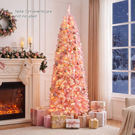 7 Feet Pre-Lit Snow Flocked Hinged Pencil Christmas Tree with 300 Lights and 8 Modes
