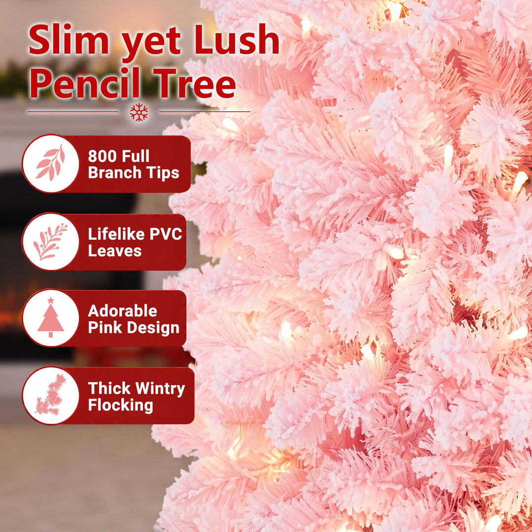 7 Feet Pre-Lit Snow Flocked Hinged Pencil Christmas Tree with 300 Lights and 8 Modes