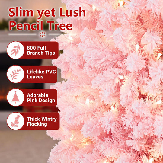 7 Feet Pre-Lit Snow Flocked Hinged Pencil Christmas Tree with 300 Lights and 8 Modes