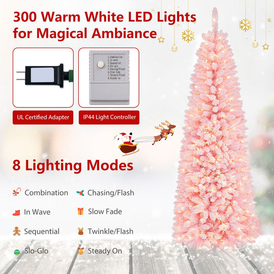 7 Feet Pre-Lit Snow Flocked Hinged Pencil Christmas Tree with 300 Lights and 8 Modes