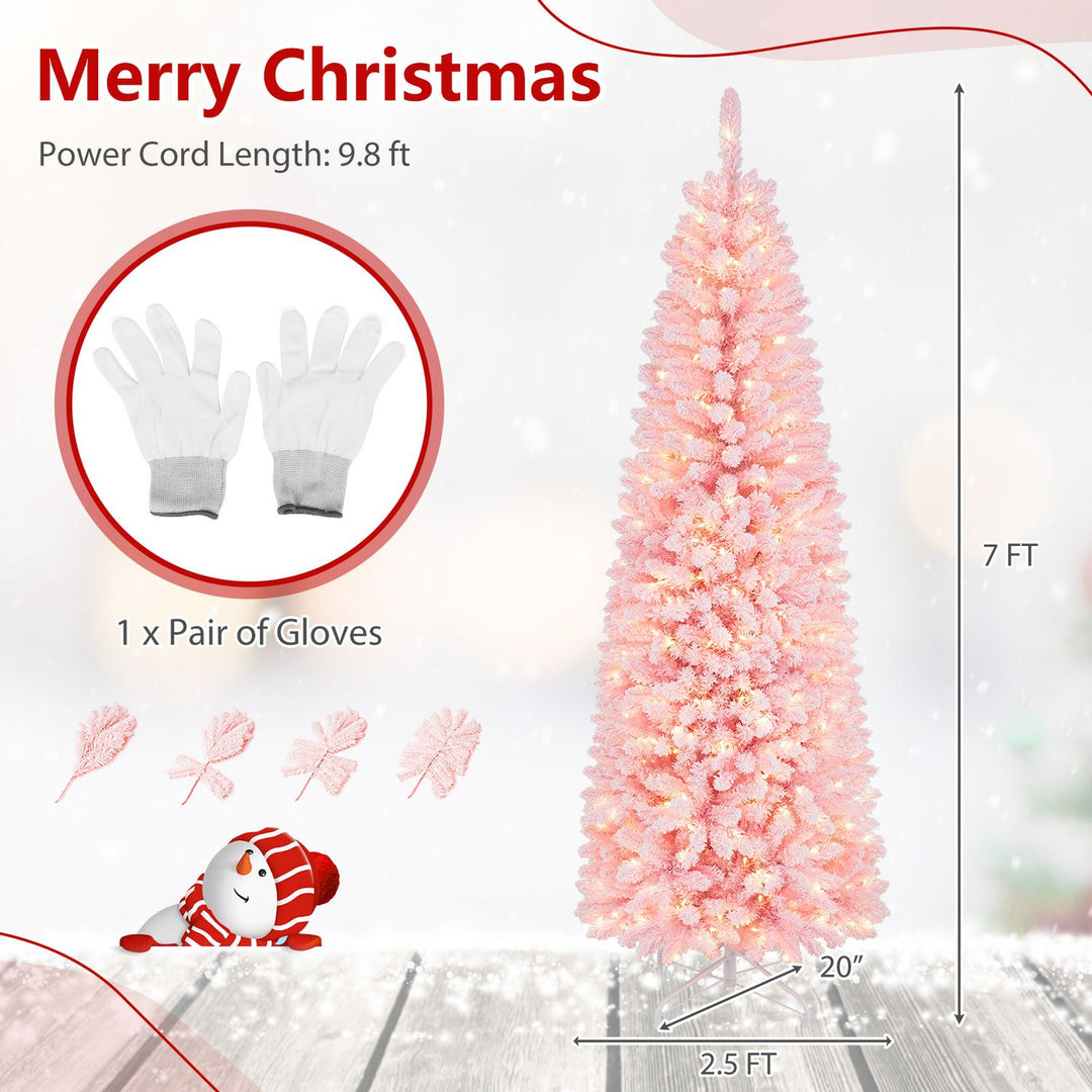 7 Feet Pre-Lit Snow Flocked Hinged Pencil Christmas Tree with 300 Lights and 8 Modes